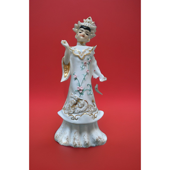 Vintage Japanese Lefton China Hand Painted Porcelain Kitsch Dragon Lady 10" Tall - Picture 2 of 4